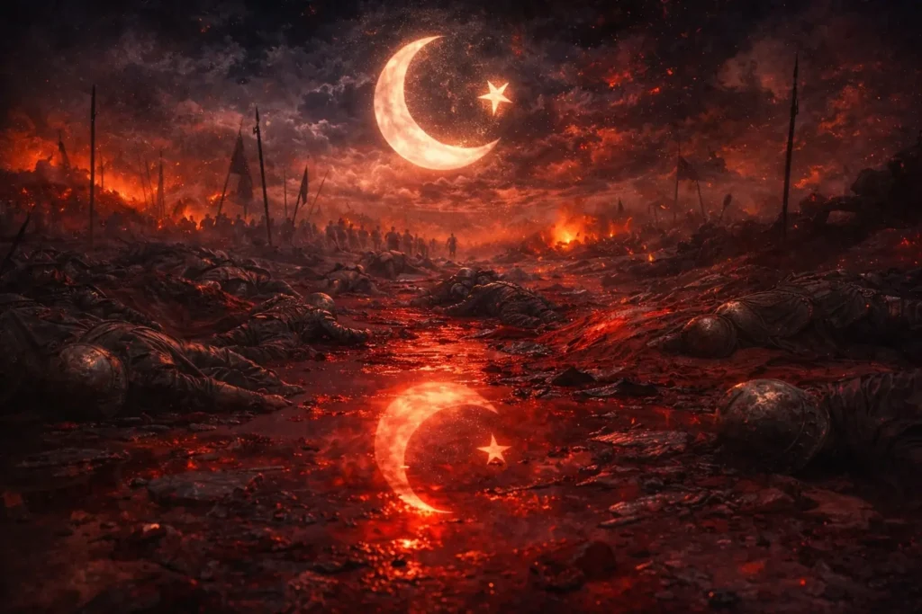 Hilal ve yıldızın kırmızı gökyüzünde yansımalı dramatik tasviri